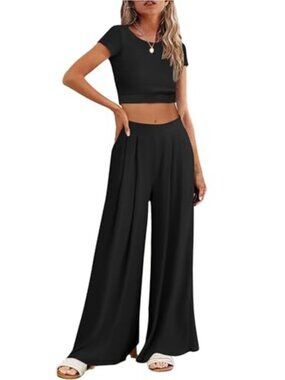 Women's 2 Piece Lounge Set Crop Top Wide Leg Pants Tracksuit